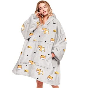 lhmtqvk blanket hoodie oversized microfiber & soft plush printed sherpa blanket sweatshirt with pocket, comfy and fuzzy hoodie blanket - one size fits all (puppy)