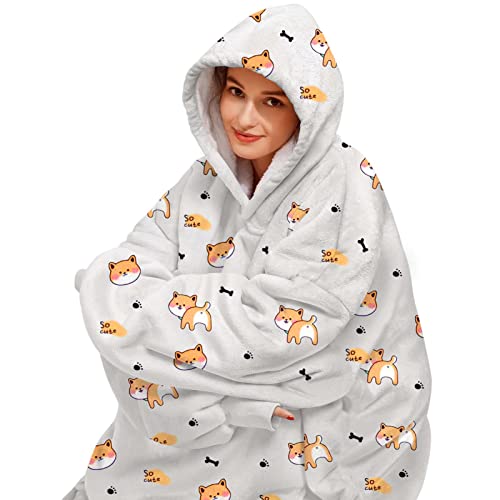 LHMTQVK Blanket Hoodie Oversized Microfiber & Soft Plush Printed Sherpa Blanket Sweatshirt with Pocket, Comfy and Fuzzy Hoodie Blanket - One Size Fits All (Puppy)