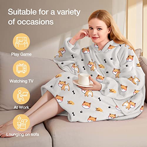 LHMTQVK Blanket Hoodie Oversized Microfiber & Soft Plush Printed Sherpa Blanket Sweatshirt with Pocket, Comfy and Fuzzy Hoodie Blanket - One Size Fits All (Puppy)