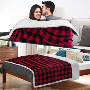 PAVILIA Buffalo Plaid Sherpa Blanket Throw Twin | Fuzzy Red Black Checkered Flannel Fleece Blanket for Couch Bed | Fluffy Warm Soft Christmas Plush Microfiber Blanket | 60x80