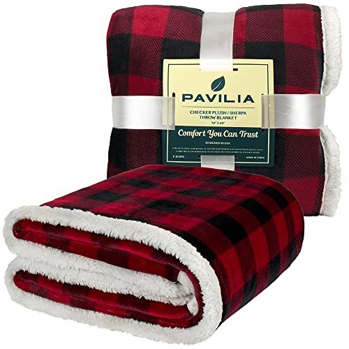 PAVILIA Buffalo Plaid Sherpa Blanket Throw Twin | Fuzzy Red Black Checkered Flannel Fleece Blanket for Couch Bed | Fluffy Warm Soft Christmas Plush Microfiber Blanket | 60x80