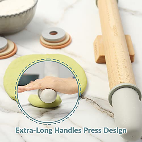 Geesta Adjustable Wood Rolling Pin with 5 Thickness Rings, Precise Dough Roller Handle Press Design with Measurement Guide for Fondant, Pizza, Pie Crust, Cookie, Pastry Baking Decorating Accessories