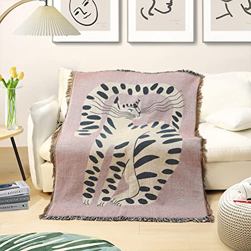 tiowik Big Leopard Cat Throw Woven Blanket with Tassel for Home Decoration Chair Couch Sofa Bed Beach Travel Picnic Cloth Tapestry Shawl Cozy Cotton Polyester (Pink 63×51 Inches)