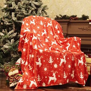 christmas throw blanket decorative plush & warm, 50"x60" reindeer snowflake christmas theme red flannel blanket for couch sofa bedroom winter decorations for home