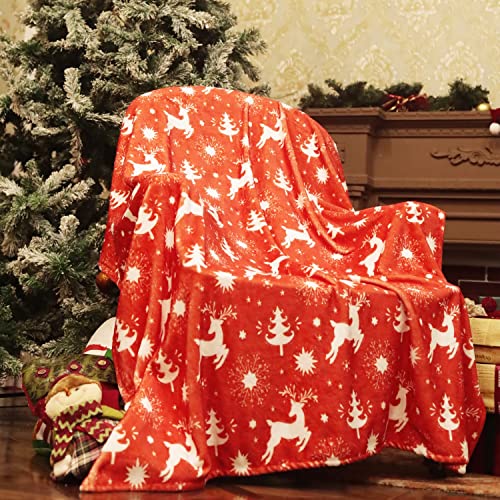 Christmas Throw Blanket Decorative Plush & Warm, 50"X60" Reindeer Snowflake Christmas Theme Red Flannel Blanket for Couch Sofa Bedroom Winter Decorations for Home