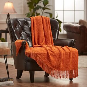 chanasya orange throw blanket with tassels - acrylic knitted super soft warm cozy lightweight chic boho pumpkin blanket for fall bed sofa chair couch cover living bed room (50x65 inches) orange