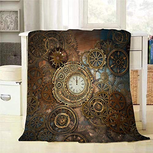 Mugod Clock and Gears Throw Blanket Rusty Steampunk Clock and Gears Bronze Old Vintage Soft Cozy Fuzzy Warm Flannel Blankets Decorative for Baby Toddler Swaddle Dog Cat 30X40 Inch