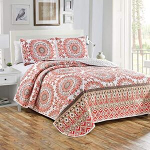 Home Collection 3pc King/California King Quilted Bedspread Set Floral Bedding Coral Salmon Sage Green Grey Taupe New