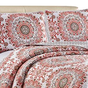 Home Collection 3pc King/California King Quilted Bedspread Set Floral Bedding Coral Salmon Sage Green Grey Taupe New
