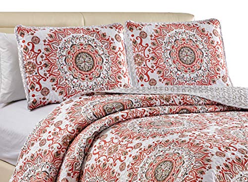 Home Collection 3pc King/California King Quilted Bedspread Set Floral Bedding Coral Salmon Sage Green Grey Taupe New