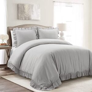 lush decor reyna 3-piece ruffled cotton duvet cover bedding set, full/queen, light gray