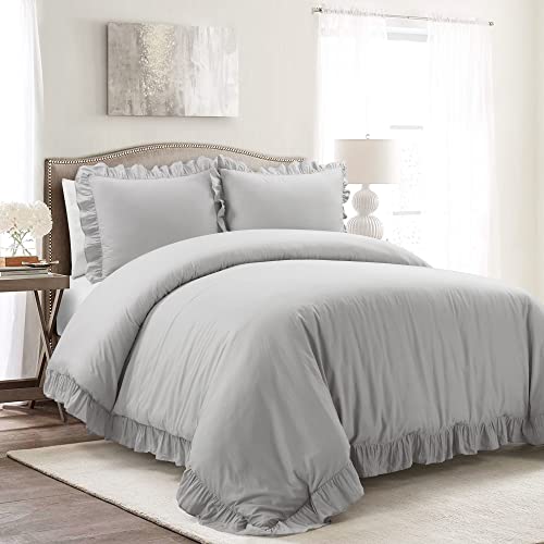 Lush Decor Reyna 3-Piece Ruffled Cotton Duvet Cover Bedding Set, Full/Queen, Light Gray