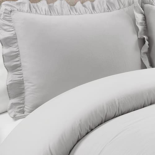 Lush Decor Reyna 3-Piece Ruffled Cotton Duvet Cover Bedding Set, Full/Queen, Light Gray