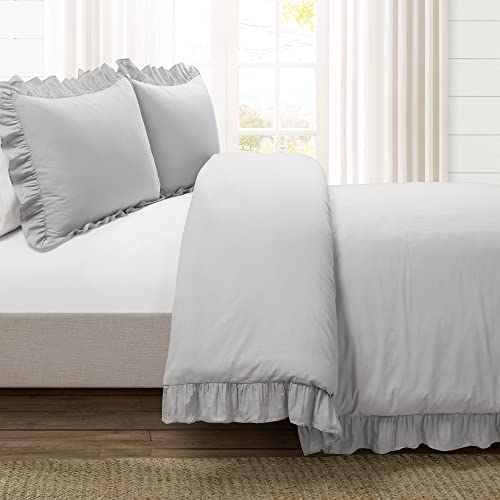 Lush Decor Reyna 3-Piece Ruffled Cotton Duvet Cover Bedding Set, Full/Queen, Light Gray