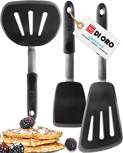 DI ORO Silicone Turner Spatula Set - Kitchen Spatulas for Nonstick Cookware - Flexible & Thin Cooking Turners for Flipping Pancakes & Eggs - 600°F Heat-Resistant & BPA Free - Dishwasher Safe (Black)