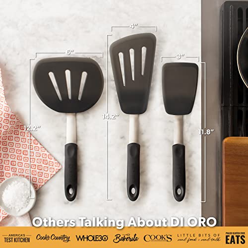 DI ORO Silicone Turner Spatula Set - Kitchen Spatulas for Nonstick Cookware - Flexible & Thin Cooking Turners for Flipping Pancakes & Eggs - 600°F Heat-Resistant & BPA Free - Dishwasher Safe (Black)