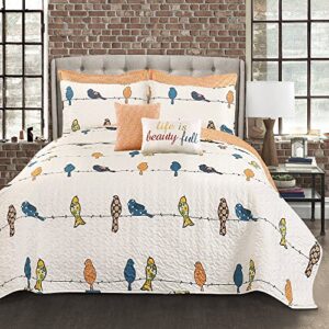 lush decor rowley birds quilt reversible 7 piece bedding set with floral animal bird print and decorative pillows, king, multi
