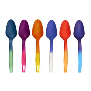 color changing reusable mood spoon, set of 24, assorted colors, bpa free, reacts to cold food temperatures and changes color - perfect for ice cream - made in usa