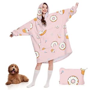 wearable blanket hoodie oversized sweatshirt with hood sleeves and pocket cozy warm hoddie blanket for adult gifts for women,unicorn donut pink