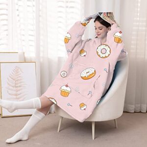 Wearable Blanket Hoodie Oversized Sweatshirt With Hood Sleeves and Pocket Cozy Warm Hoddie Blanket for Adult Gifts for Women,Unicorn Donut Pink