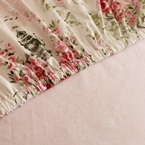 FADFAY Shabby Floral Bedding Set Queen Size Sheet Set 4 Piece Premium 100% Cotton Pink Rose Pattern :1 Deep Pocket Fitted Sheet, 1Flat Sheet, 2 Pillowcases (Standard Size)