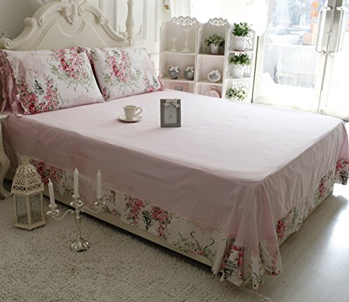 FADFAY Shabby Floral Bedding Set Queen Size Sheet Set 4 Piece Premium 100% Cotton Pink Rose Pattern :1 Deep Pocket Fitted Sheet, 1Flat Sheet, 2 Pillowcases (Standard Size)