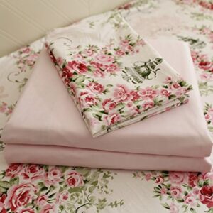 FADFAY Shabby Floral Bedding Set Queen Size Sheet Set 4 Piece Premium 100% Cotton Pink Rose Pattern :1 Deep Pocket Fitted Sheet, 1Flat Sheet, 2 Pillowcases (Standard Size)