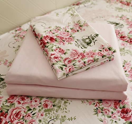 FADFAY Shabby Floral Bedding Set Queen Size Sheet Set 4 Piece Premium 100% Cotton Pink Rose Pattern :1 Deep Pocket Fitted Sheet, 1Flat Sheet, 2 Pillowcases (Standard Size)