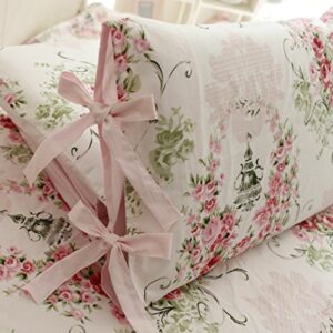 FADFAY Shabby Floral Bedding Set Queen Size Sheet Set 4 Piece Premium 100% Cotton Pink Rose Pattern :1 Deep Pocket Fitted Sheet, 1Flat Sheet, 2 Pillowcases (Standard Size)