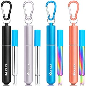 kynup reusable straws, 4pack collapsible portable foldable metal straw stainless steel drinking travel telescopic straw with case, cleaning brushes, keychain gifts (blue-black- rose gold-silver)