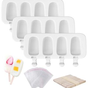 Popsicle Molds Set of 3, 12 Cavities Silicone Popsicle Molds & Ice Cake Pop Mold Maker Oval with 50 Wooden Sticks & 50 Self-adhesive Bags for DIY Cake and Ice Cream