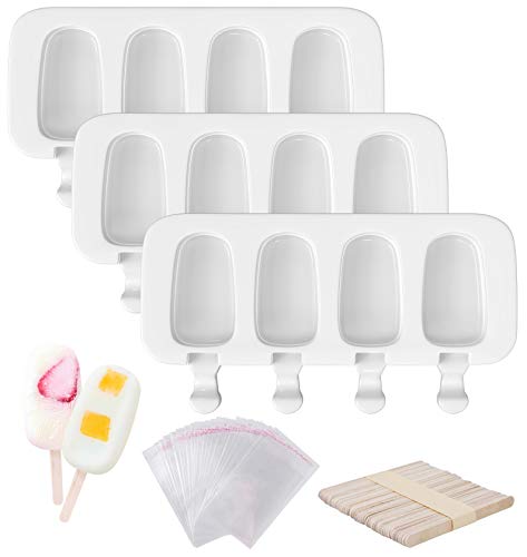 Popsicle Molds Set of 3, 12 Cavities Silicone Popsicle Molds & Ice Cake Pop Mold Maker Oval with 50 Wooden Sticks & 50 Self-adhesive Bags for DIY Cake and Ice Cream