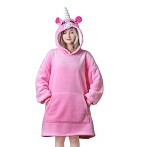 Queenshin Pink Unicorn Oversized Hoodie Wearable Blanket for Womens Girls, Kawaii Adults Comfy Sherpa Hoody Sweatshirt Robe with Ears, One Size