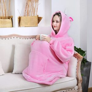 Queenshin Pink Unicorn Oversized Hoodie Wearable Blanket for Womens Girls, Kawaii Adults Comfy Sherpa Hoody Sweatshirt Robe with Ears, One Size