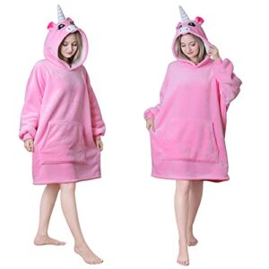 Queenshin Pink Unicorn Oversized Hoodie Wearable Blanket for Womens Girls, Kawaii Adults Comfy Sherpa Hoody Sweatshirt Robe with Ears, One Size