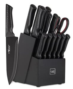 knife set, dishwasher safe kitchen knife set with block, 15 pcs black knife sets for kitchen with block self sharpening, 6 steak knives, anti-slip handle, black