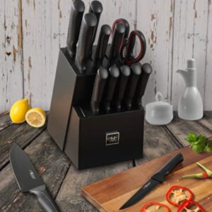 knife set, Dishwasher Safe Kitchen Knife Set with Block, 15 Pcs Black knife sets for kitchen with block Self Sharpening, 6 Steak Knives, Anti-slip handle, Black