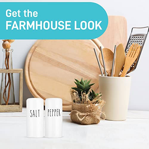 Farmhouse Salt and Pepper Shakers Set - Rustic Salt and Pepper Shakers Set - Cute White Salt and Pepper Shakers for Your Farmhouse Kitchen, Sturdy Ceramic, 3.4 oz Capacity, Rust-Free