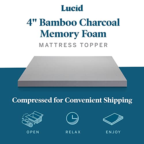 Lucid 4 Inch Bamboo Charcoal Memory Foam Mattress Topper - Queen & Premium Hypoallergenic 100% Waterproof Mattress Protector - Universal Fit, Cotton Terry Top, Queen