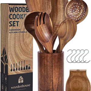 Wooden Spoons for Cooking, Wooden Cooking Utensils Set with Holder & Spoon Rest, Teak Wood Spoons and Wooden Spatula for Cooking, Nonstick Natural and Healthy Kitchen Cookware, Durable Set of 13pcs