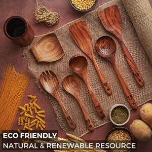 Wooden Spoons for Cooking, Wooden Cooking Utensils Set with Holder & Spoon Rest, Teak Wood Spoons and Wooden Spatula for Cooking, Nonstick Natural and Healthy Kitchen Cookware, Durable Set of 13pcs