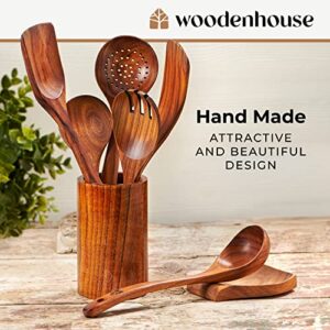 Wooden Spoons for Cooking, Wooden Cooking Utensils Set with Holder & Spoon Rest, Teak Wood Spoons and Wooden Spatula for Cooking, Nonstick Natural and Healthy Kitchen Cookware, Durable Set of 13pcs