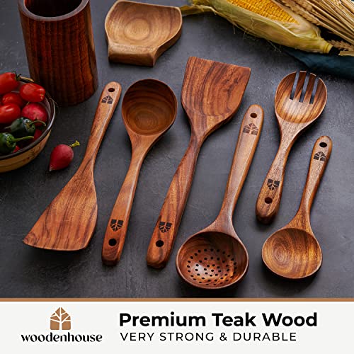 Wooden Spoons for Cooking, Wooden Cooking Utensils Set with Holder & Spoon Rest, Teak Wood Spoons and Wooden Spatula for Cooking, Nonstick Natural and Healthy Kitchen Cookware, Durable Set of 13pcs