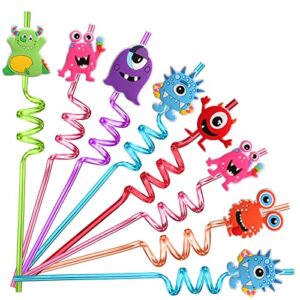 afzmon 24 pcs monster drinking straws reusable plastic beverages cocktail straw with cartoon decoration for kids monster party supplies for birthday party favors