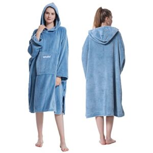 hiturbo plush changing robe, fluffy wearable blanket, soft oversize hooded towel surf poncho with pocket for aquatics & home (blue)