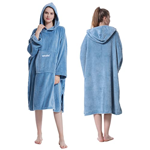 Hiturbo Plush Changing Robe, Fluffy Wearable Blanket, Soft Oversize Hooded Towel Surf Poncho with Pocket for Aquatics & Home (Blue)