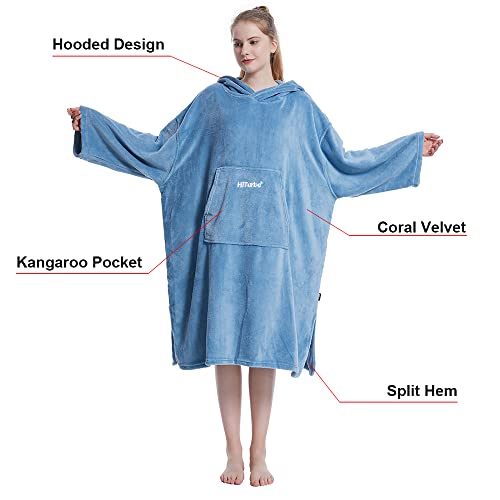 Hiturbo Plush Changing Robe, Fluffy Wearable Blanket, Soft Oversize Hooded Towel Surf Poncho with Pocket for Aquatics & Home (Blue)