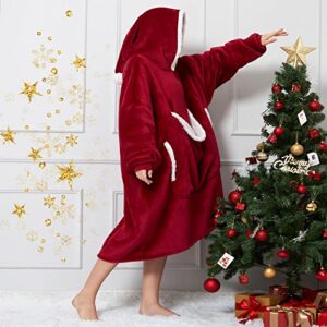 Cozystar Wearable Blanket Hoodie With Giant Pocket （Cat Approved） Christmas Hat Extra Soft Sherpa Fleece Thick Warm ＆ Cozy Oversized Blanket Jacket With Sleeves Gifts For Adult Men Women - Burgundy