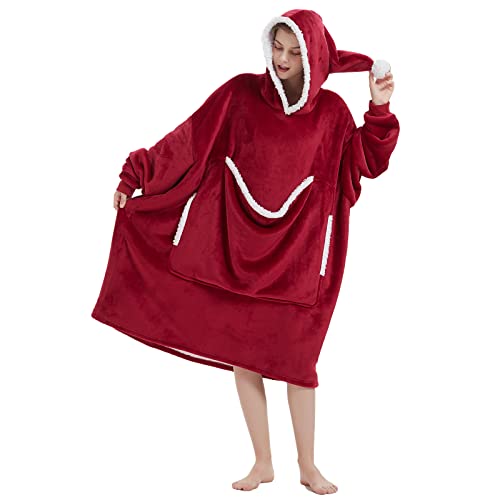 Cozystar Wearable Blanket Hoodie With Giant Pocket （Cat Approved） Christmas Hat Extra Soft Sherpa Fleece Thick Warm ＆ Cozy Oversized Blanket Jacket With Sleeves Gifts For Adult Men Women - Burgundy