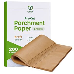[200 count] 12 x 16 inch precut baking parchment paper sheets unbleached non-stick sheets for baking & cooking - kraft